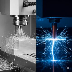 切削加工と放電加工を左右に比較する画像。左はマシニングセンタで金属が削られ切り屑が出ている様子、右は電極から青い火花が散る放電加工の様子。